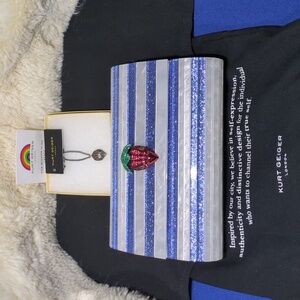K. Geiger Blue & White Striped Clutch With Strawberry Motif & K. Geiger Necklace
